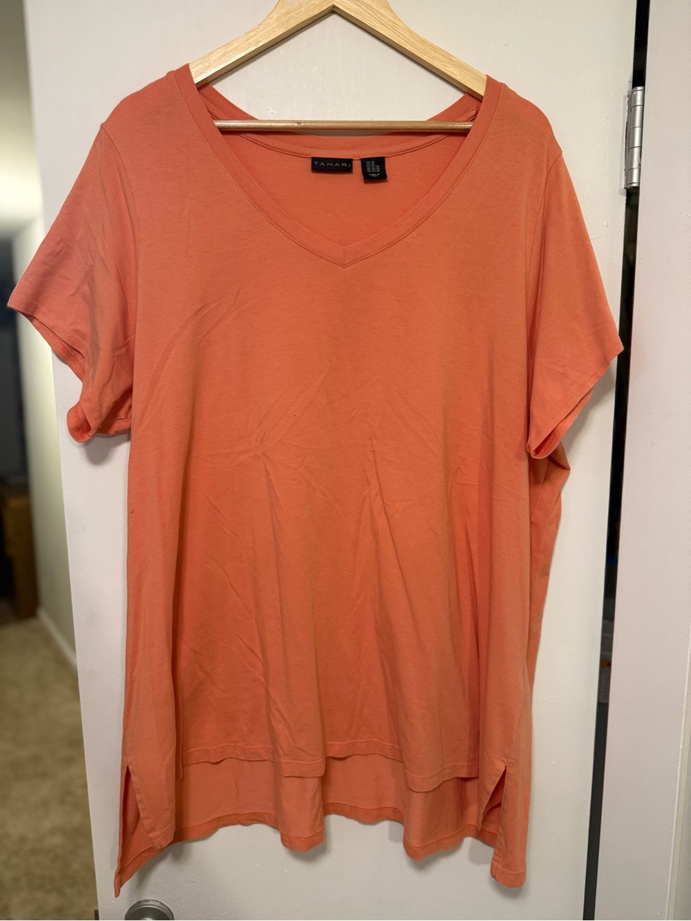 Tahari 3X Coral Orange V Neck Layered Hi Low Tunic Top